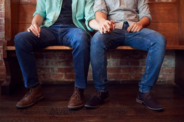 Close Feet Same Sex Male Couple Holding Hands Sitting Bench — Stock Photo, Image