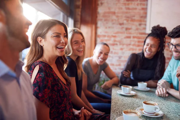 Group Male Female Friends Meeting Coffee Sitting Table Together — Stock Photo, Image