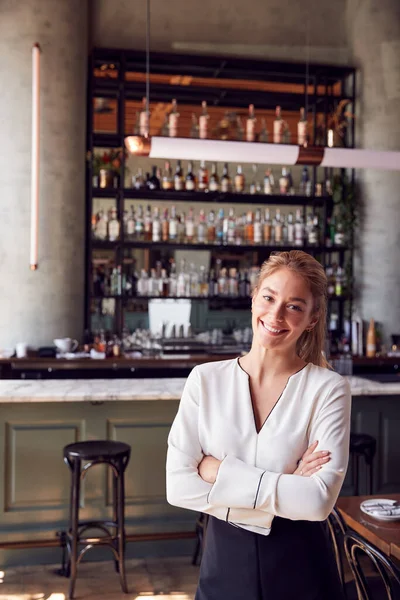 Retrato Confiada Propietaria Femenina Bar Restaurante Pie Junto Mostrador —  Fotos de Stock