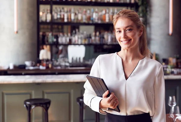 Portrait Confident Female Owner Restaurant Bar Standing Counter Holding Digital — 스톡 사진