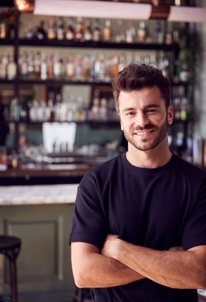 Portrait Confident Male Owner Restaurant Bar Standing Counter — Stock Photo, Image