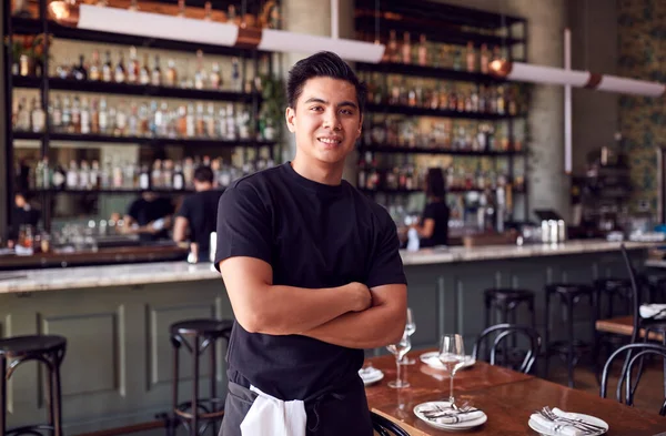 Portret Van Een Mannelijke Ober Staande Bar Restaurant Voor Dienst — Stockfoto