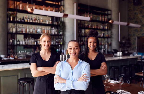 Restoran Barının Kadın Sahibinin Portresi Bekleme Ekibi Tezgahta Bekliyor — Stok fotoğraf