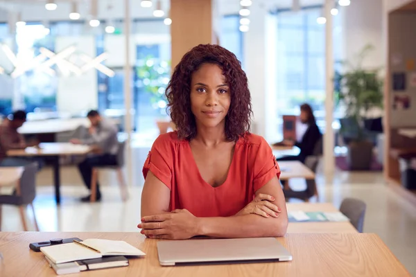 Retrato Mulher Negócios Mesa Espaço Trabalho Moderno Escritório Com Portátil — Fotografia de Stock