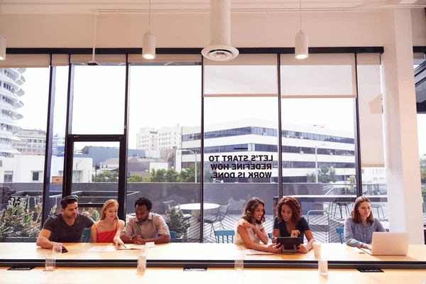 Businessmen Businesswomen Working Shared Open Plan Office Workspace — Stock Photo, Image