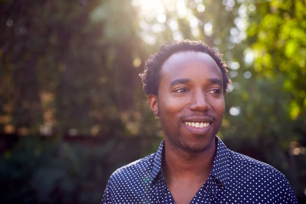 Outdoor Portret Van Glimlachende Afro Amerikaanse Man Thuis Ontspannen Garden — Stockfoto