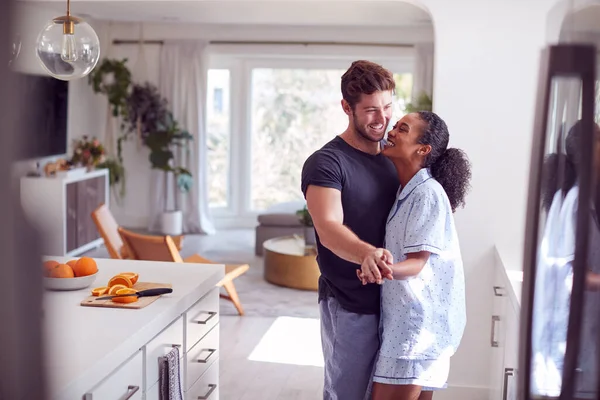 Loving Couple Wearing Pyjamas Having Romantic Dance Kitchen Home Together — Stock Photo, Image