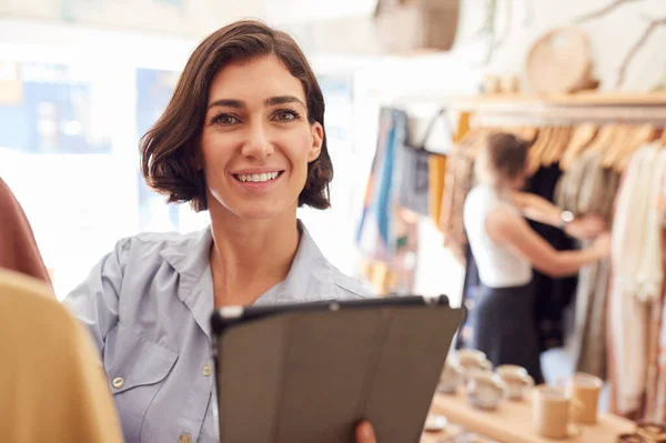 Portrait Female Owner Fashion Store Checking Stock Digital Tablet — Stock Photo, Image