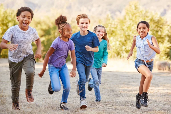 Ritratto Bambini Multiculturali Con Amici Running Verso Macchina Fotografica Campagna — Foto Stock