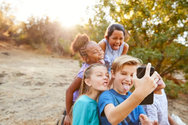 Grupo Niños Multiculturales Posando Para Selfie Con Amigos Campo Juntos —  Fotos de Stock