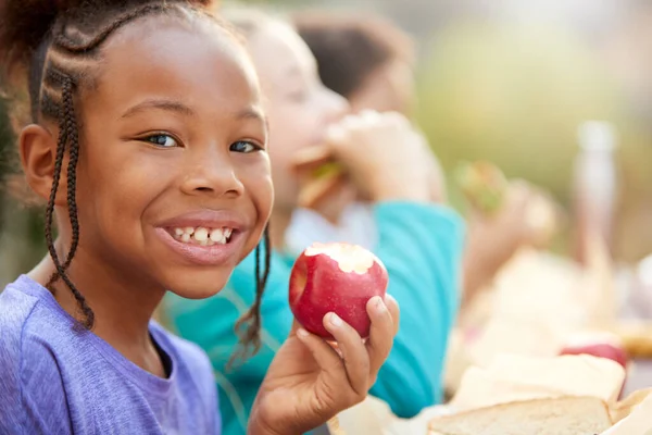 Retrato Una Chica Con Amigos Comiendo Picnic Saludable Mesa Aire — Foto de Stock