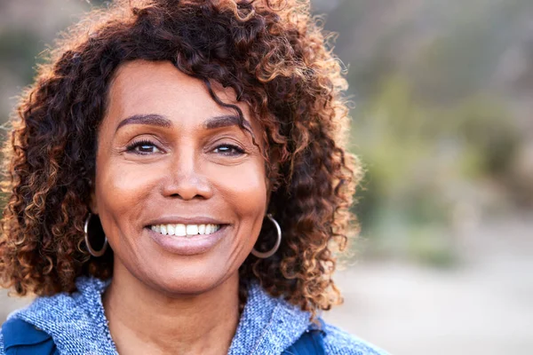 Retrato Una Mujer Mayor Afroamericana Sonriente Aire Libre Campo —  Fotos de Stock