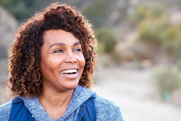 Gülümseyen Afro Amerikan Kıdemli Kadın Portresi Kırsalda — Stok fotoğraf