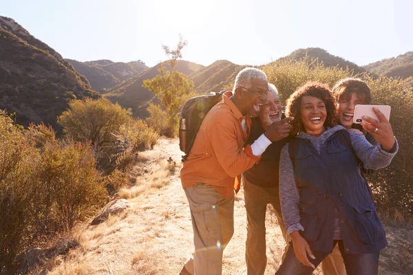 Group Senior Friends Posing Selfie Hike Trail Countryside Together — Stock Photo, Image