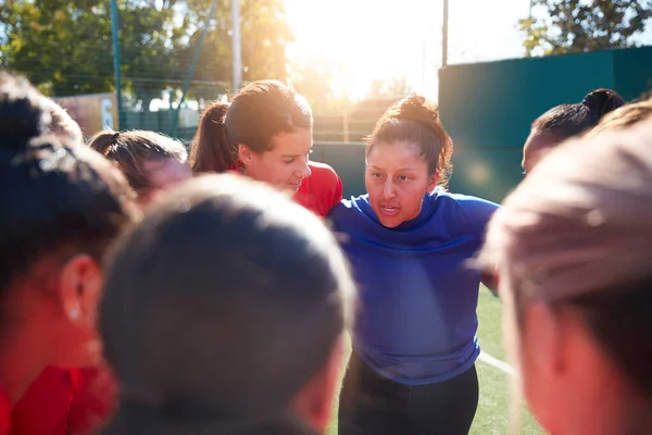 Womens Football Team Giving Motivational Pep Talk Soccer Match — 스톡 사진