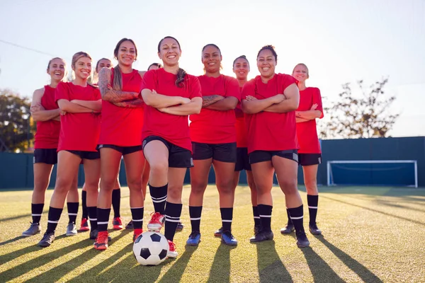 Portrait Smiling Womens Football Team Training Soccer Match Outdoor Astro — Stock Photo, Image