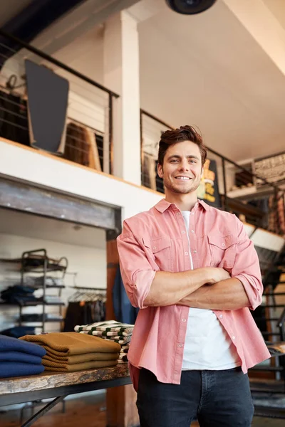 Portrait Smiling Male Owner Fashion Store Standing Front Clothing Display — Stock Photo, Image