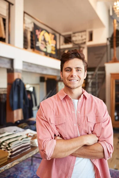 Portrait Smiling Male Owner Fashion Store Standing Front Clothing Display — Stock Photo, Image