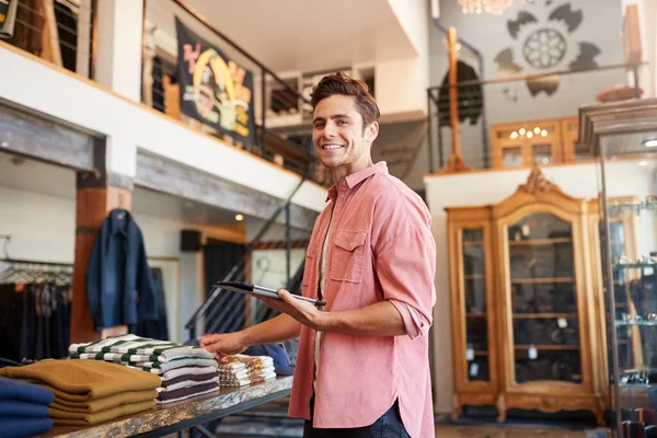 Portrait Male Owner Fashion Store Using Digital Tablet Check Stock — Stock Photo, Image