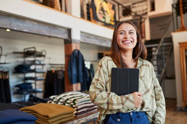 Portrait Female Owner Fashion Store Using Digital Tablet Check Stock — Stock Photo, Image