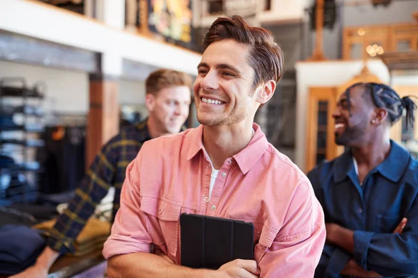 Portrait Smiling Multi Cultural Male Sales Team Fashion Store Front — Stock Photo, Image