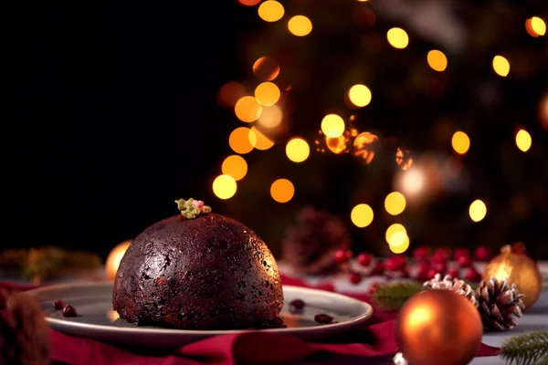 Pudding Noël Traditionnel Sur Table Pour Repas Noël Festif Avec — Photo