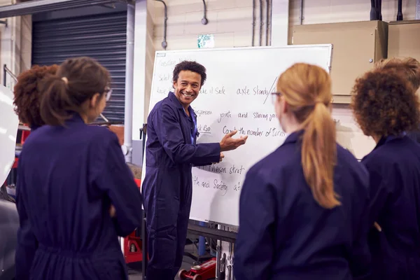 Maschio Tutor Lavagna Bianca Con Gli Studenti Che Insegnano Auto — Foto Stock