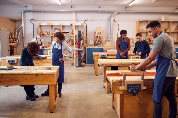 Wide Angle View Carpentry Workshop Students Studying Apprenticeship College — стоковое фото