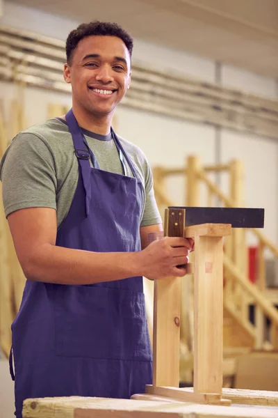 Portrait Male Student Studying Carpentry Apprenticeship College Using Set Square — Stock Photo, Image