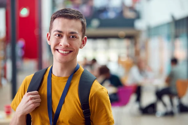 Portrait Smiling Male College Student Busy Communal Campus Building — Stock Photo, Image