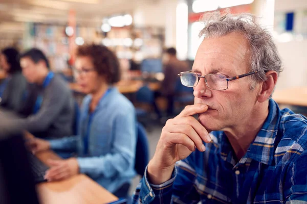 Groupe Étudiants Adultes Matures Classe Travaillant Des Ordinateurs Dans Bibliothèque — Photo