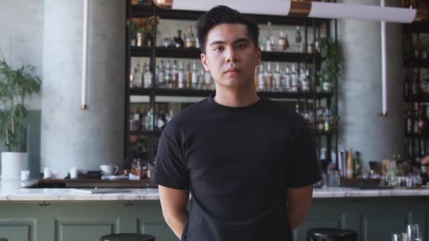 Retrato Del Dueño Masculino Del Bar Del Restaurante Parado Junto — Vídeos de Stock