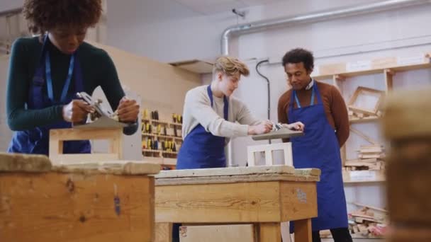 Tuteur Masculin Avec Étudiant Menuiserie Atelier Étudiant Pour Apprentissage Collège — Video