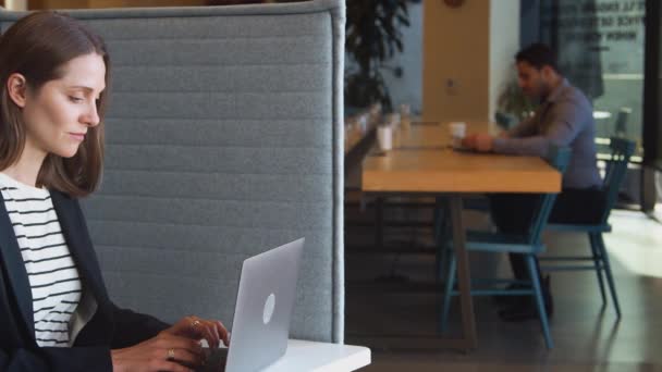Modern Ofis Çalışma Alanındaki Masadaki Kadını Dizüstü Bilgisayarla Ağır Çekimde — Stok video