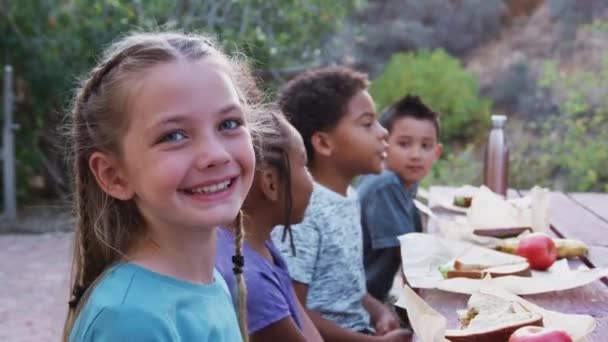 与朋友一起坐在户外野餐桌旁吃着健康午餐的微笑女孩的画像 慢镜头 — 图库视频影像
