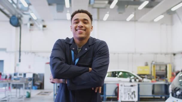 Portrait Male Student Studying Auto Mechanic Apprenticeship College Folding Arms — Stock Video