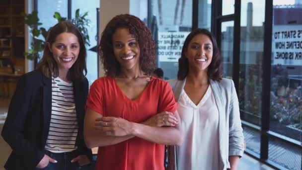 Porträt Dreier Geschäftsfrauen Die Gemeinsam Einem Modernen Großraumbüro Stehen Aufgenommen — Stockvideo