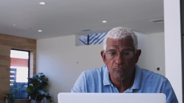 Senior African American Man Home Checking Personal Finances Laptop Computer — Stock Video