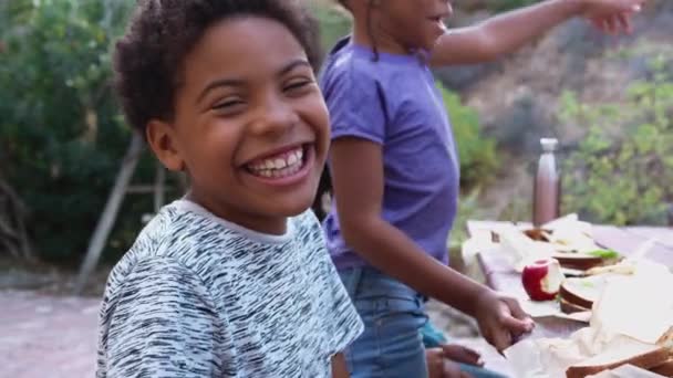 Portret Van Een Lachende Jongen Zittend Aan Een Picknicktafel Met — Stockvideo