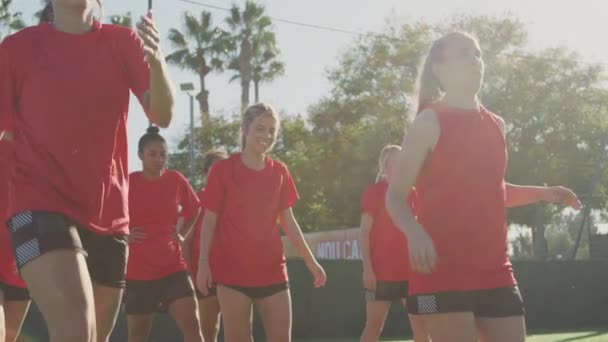 Женская Футбольная Команда Разогревается Время Тренировки Перед Матчем Пылающим Солнцем — стоковое видео