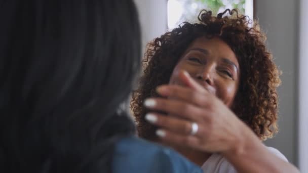 Loving Senior African American Mother Hugging Greeting Adult Daughter Indoors — Stock Video