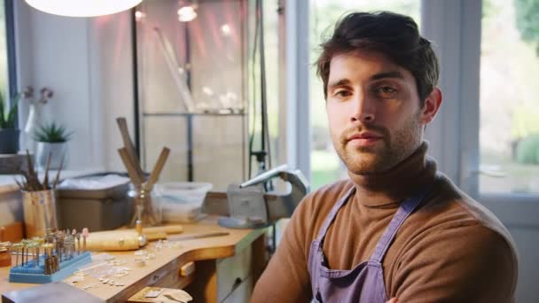 Portrait Male Jeweller Sitting Work Bench Working Studio — Stock Video