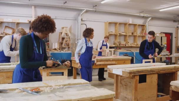 有木匠学生的男 女导师在为进入大学学习木工平面速度速度速度速度速度速度速度慢 — 图库视频影像