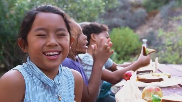 Portrét Usměvavé Dívky Sedící Venkovního Piknikového Stolu Přáteli Jíst Zdravý — Stock video