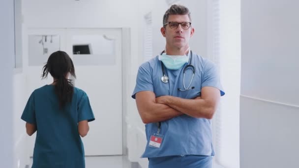 Porträtt Manlig Läkare Med Stetoskop Bär Skurar Som Passeras Kvinnlig — Stockvideo