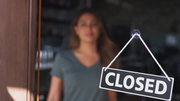 Female Owner Coffee Shop Restaurant Walking Door Turning Sign Open — Stock Video