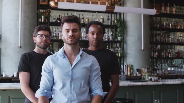 Portrét Pánského Majitele Restauračního Baru Týmem Mužského Obsluhy Stojící Pultu — Stock video