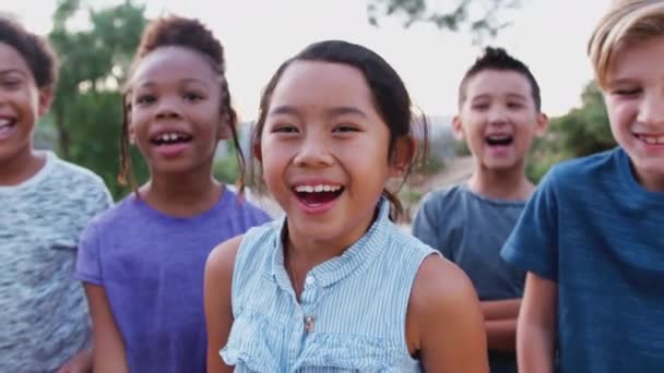 Retrato Niños Pasando Rato Con Amigos Riéndose Campo Filmado Cámara — Vídeos de Stock