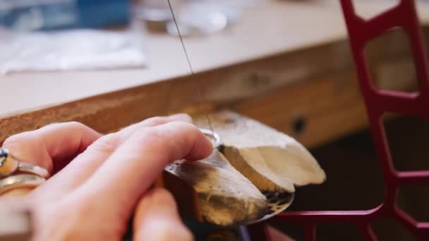 Close Female Jeweller Working Ring Saw Studio — Stock video