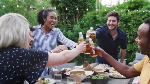 Multi Kulturní Přátelé Dělat Toast Alkoholem Zahradě Doma Těší Letní — Stock video